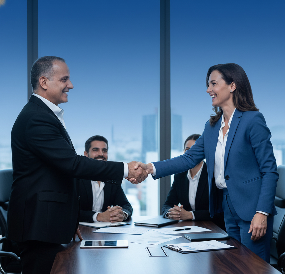 Financial advisors meeting with business owners in a modern boardroom discussing wealth and estate planning strategies.