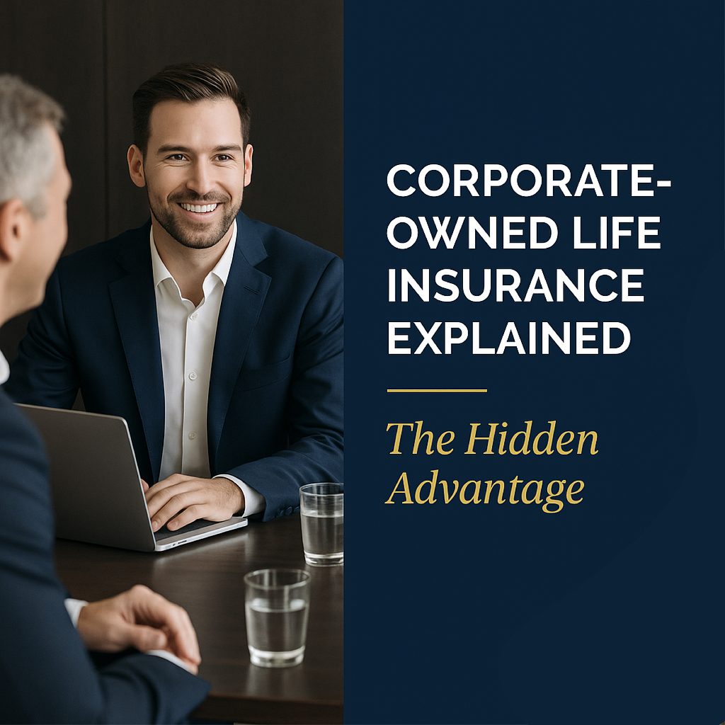 Financial advisors reviewing corporate-owned life insurance documents in a modern office, representing tax-efficient planning for Canadian business owners.